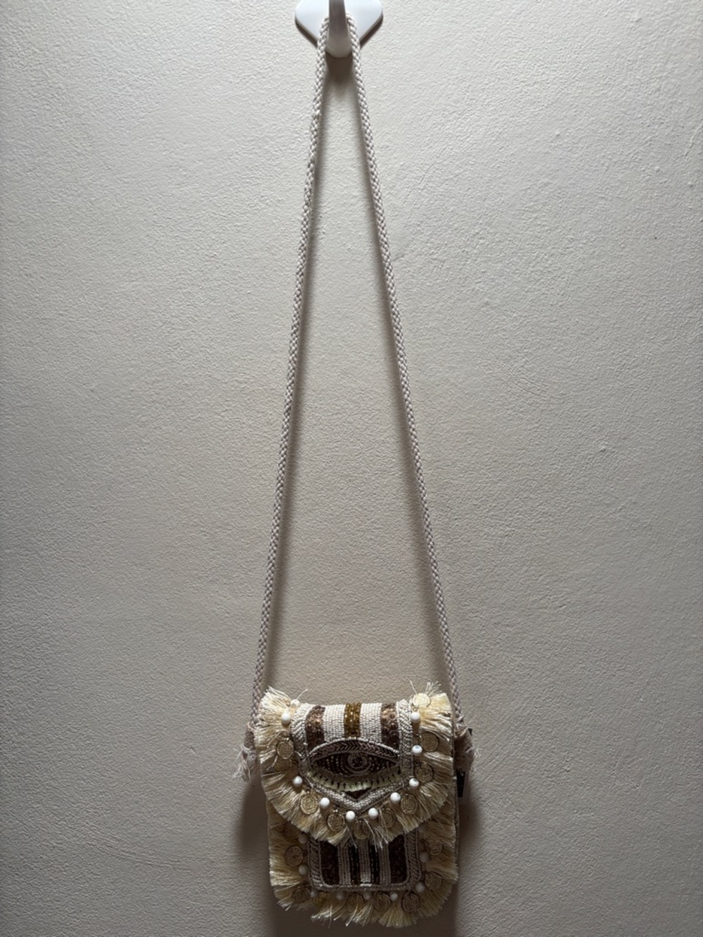 Antik Kraft Boho Fringe Crossbody Bag in Cream and Brown